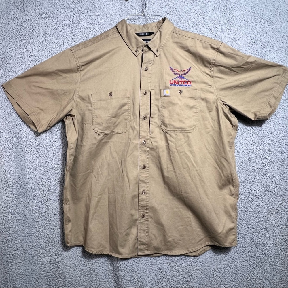 Carhartt Rugged Flex Work Khaki Casual Button Down Chore Shirt 2XLT Embroidered